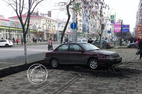 В Ростове на Садовой Kia вылетела на тротуар и снесла дерево